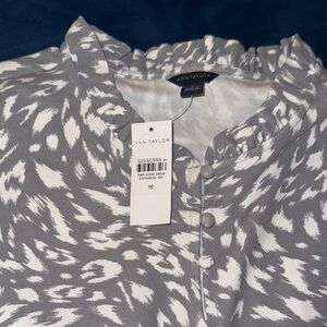 Ann Taylor Gray and White Printed Ruffle Collar Blouse